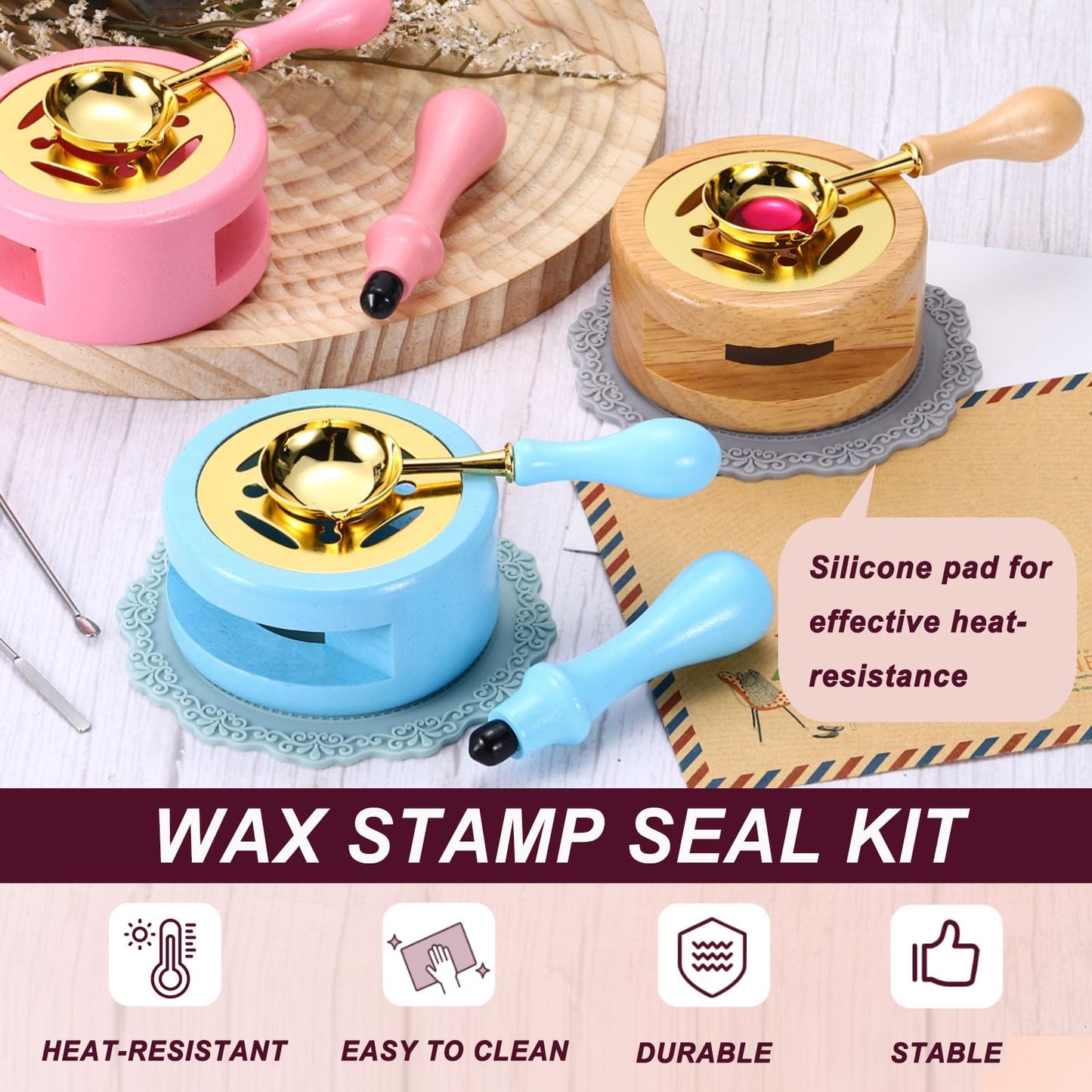 PATIKIL Wax Stamp Seal Kit, Wax Seal Kit Include Sealing Warmer, Melting Spoon, Silicone Pad, Retro Melt Stove Pot Furnace Tool for Envelope Letter Mailing Crafts DIY, White/Gray