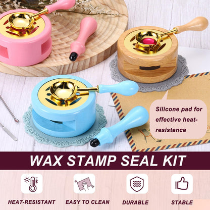 PATIKIL Wax Stamp Seal Kit Include Sealing Warmer, Melting Spoon, Silicone Pad, Stamp Handle, Retro Melt Stove Pot Furnace Tool for Envelope Letter Mailing Crafts DIY, Dark Blue/Sky Blue