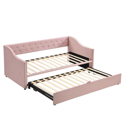 Merax Twin Size Upholstered Velvet Daybed with Pop Up Trundle, Multi-Functional Sofa Bed with Backrest and Two Armrest for Kids Room, Guest Room, Living Room,Pink