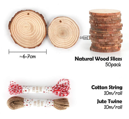 50Pcs Wood Slices for Crafts, 2.4"-2.8" Unfinished Wood Circles for Crafts with Pre-drilled Hole and String, Unfinished Wood Rounds for Home Decor, Painting, Wooden Coasters, DIY, Party Wedding Decor
