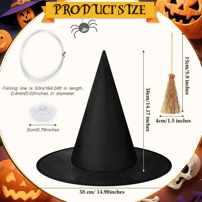 Wavwavw 32 Pcs Halloween Hanging Decorations Set, Floating Witch Brooms Witch Hat Skeleton Hands Wizard Straw Broom Accessories for Party Favors Birthday DIY Crafts