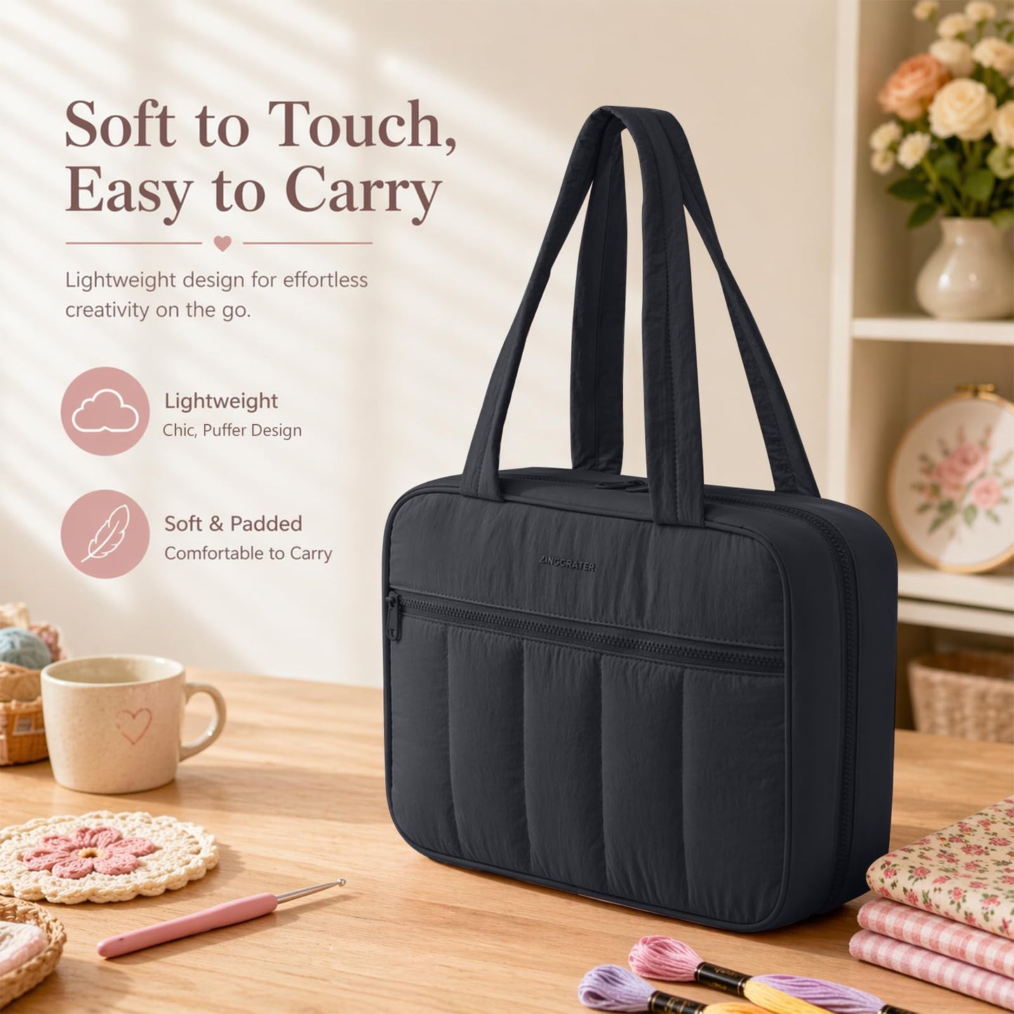 AMOIGEE Sewing Supplies Organizer Bag, Large Craft Storage Tote with 17 Clear Pockets&Tool Holders, Portable Crochet Knitting Embroidery Organizer Case for Threads, Hooks, Needles & Sewing Accessories