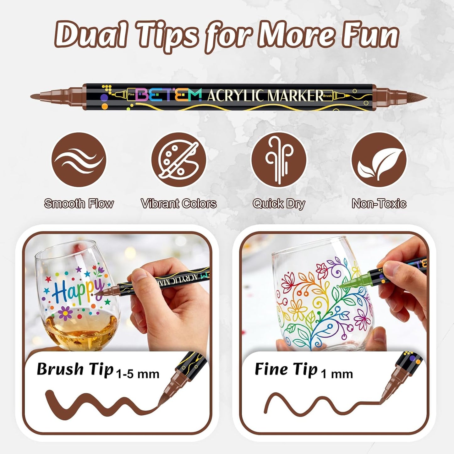 24-Pack Betem Acrylic Paint Pens, Dual Tip Glass Markers, Quick-Drying Acrylic Markers, Paint Pens with Fine & Brush