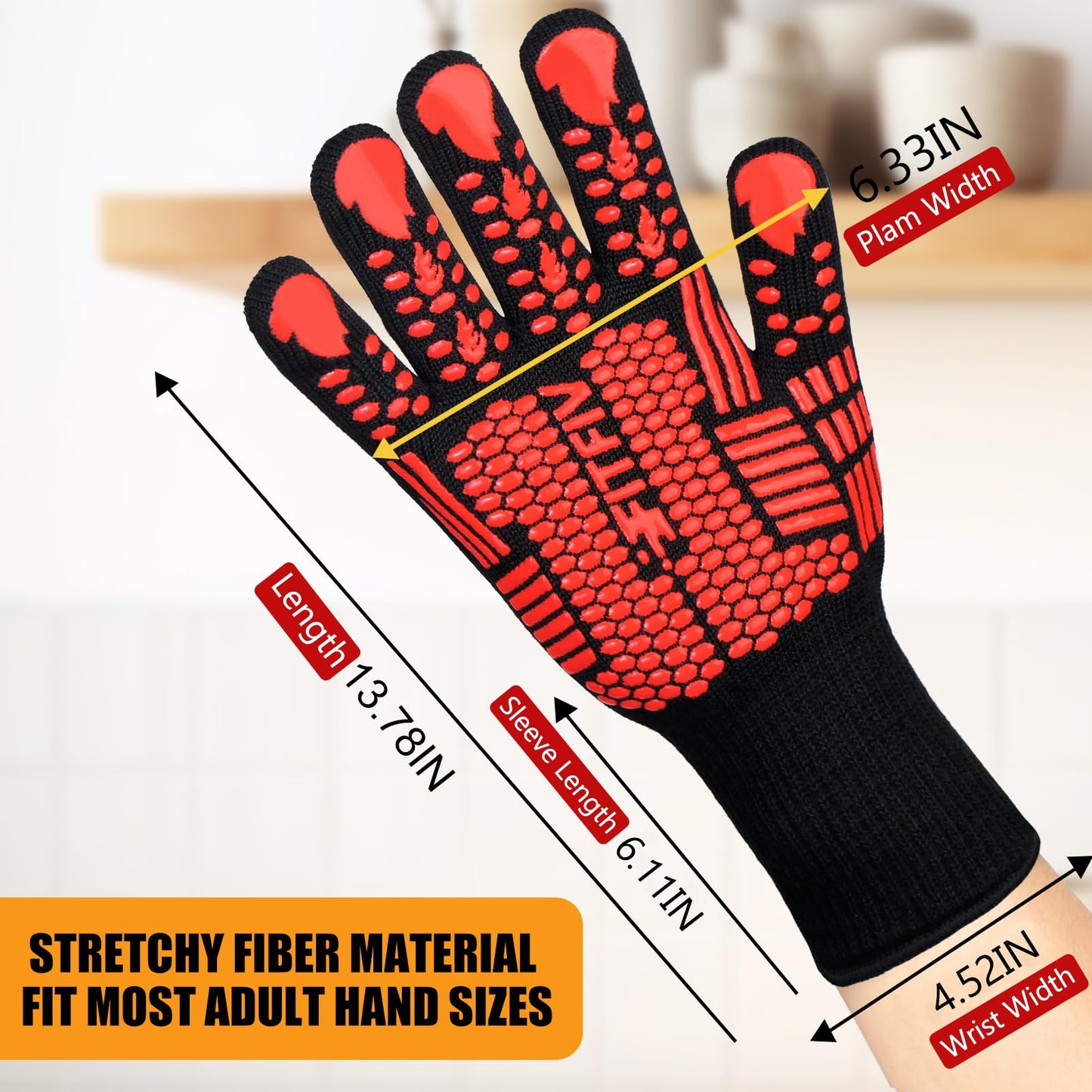 FITFIV BBQ Gloves, Oven Gloves, 1472°F Extreme Heat Resistant Barbecue Gloves, Silicone Non-Slip Oven Mitts, Kitchen for Cooking, Grilling, and Baking (Red)