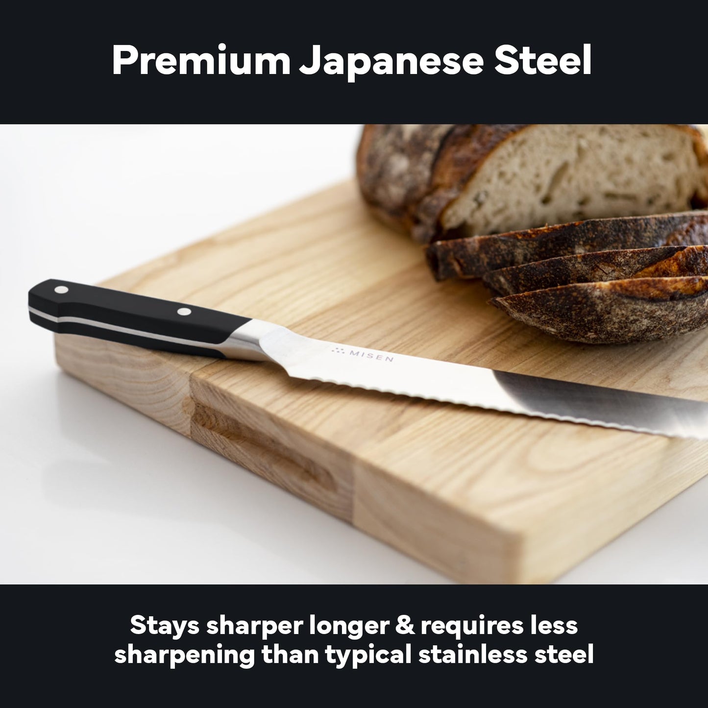 Misen Serrated Bread Knife - High-Carbon Japanese AUS8 Steel - Perfect for Soft Foods, Bread, Pastries, and Fruits - Verstatile Slicer, Razor-Sharp Edge, Durable Blade, Ergonomic Handle - 8", Black