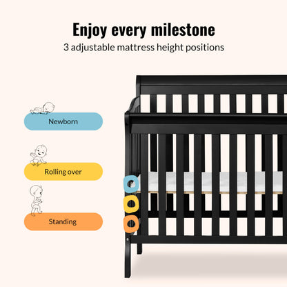 Dream On Me Jayden 4‑in‑1 Mini Convertible Baby Crib & Changer with Storage in Black, Pinewood, GreenGuard Gold & BSA, 1” Mattress Pad, 3 Mattress Heights, Converts to Mini Day & Twin-Size Bed