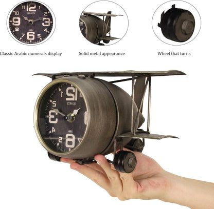 TenFuju Airplane Metal Tabletop Clock Industrial Home Decor Accents for The Mantel, Shelf, Desk, or Any Table Top