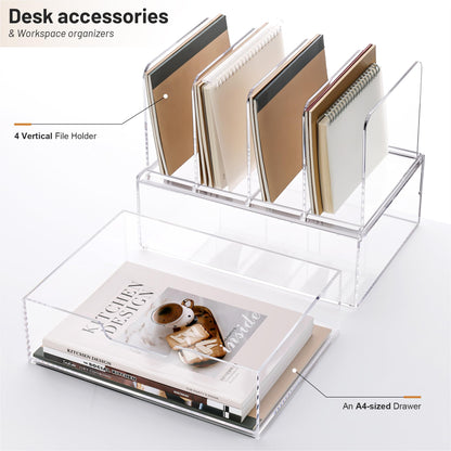 YUXUN Desk Organizer with Drawers, Acrylic File Organizer with 4 Vertical File Holders and 1 Sliding Drawer,Multifunction Desktop Accessories Storage for Home Office&School, Clear