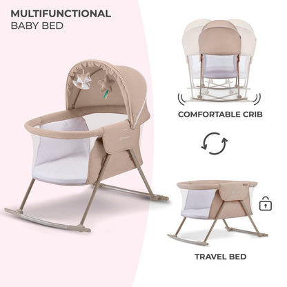 Kinderkraft LOVI Travel Bassinet for Baby, Portable Folding Baby Bed with Built-in Mosquito net, Adjustable Hood and an Additional Cradle Function, Beige