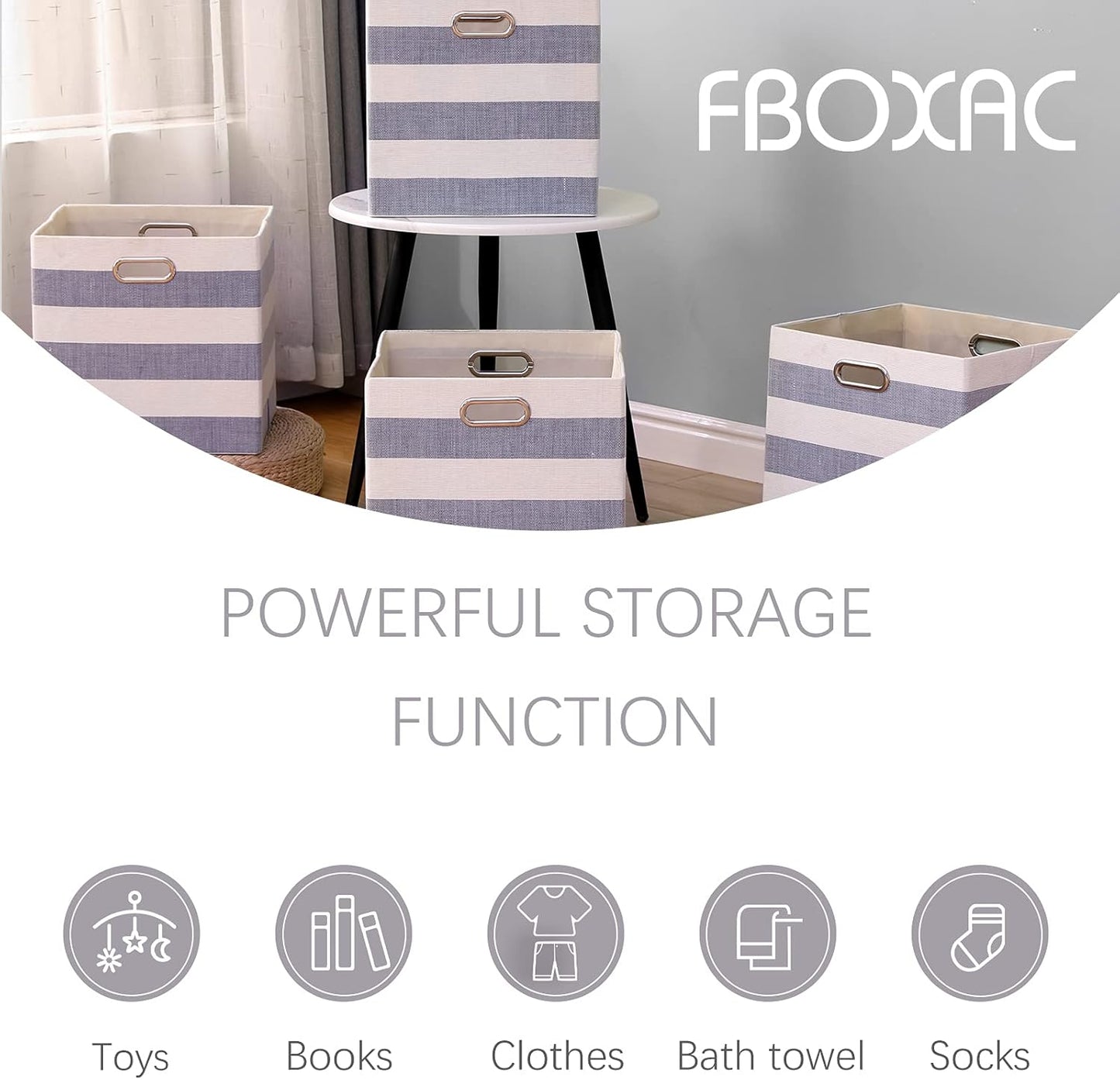 Cube Storage Bins 13×13, Fabric Foldable Box Set of 4, Large Capacity for Closet, Grey-White Stripes
