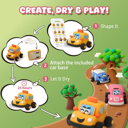 Air Dry Clay Kit for Kids - Pull Back Car Making, 3 Boxes Modeling Clay with Sculpting Tools, Base, Backing Board, Tutorial, Ultra Light & Soft, Non-Toxic & Safe, Creative DIY Arts and Crafts Toys