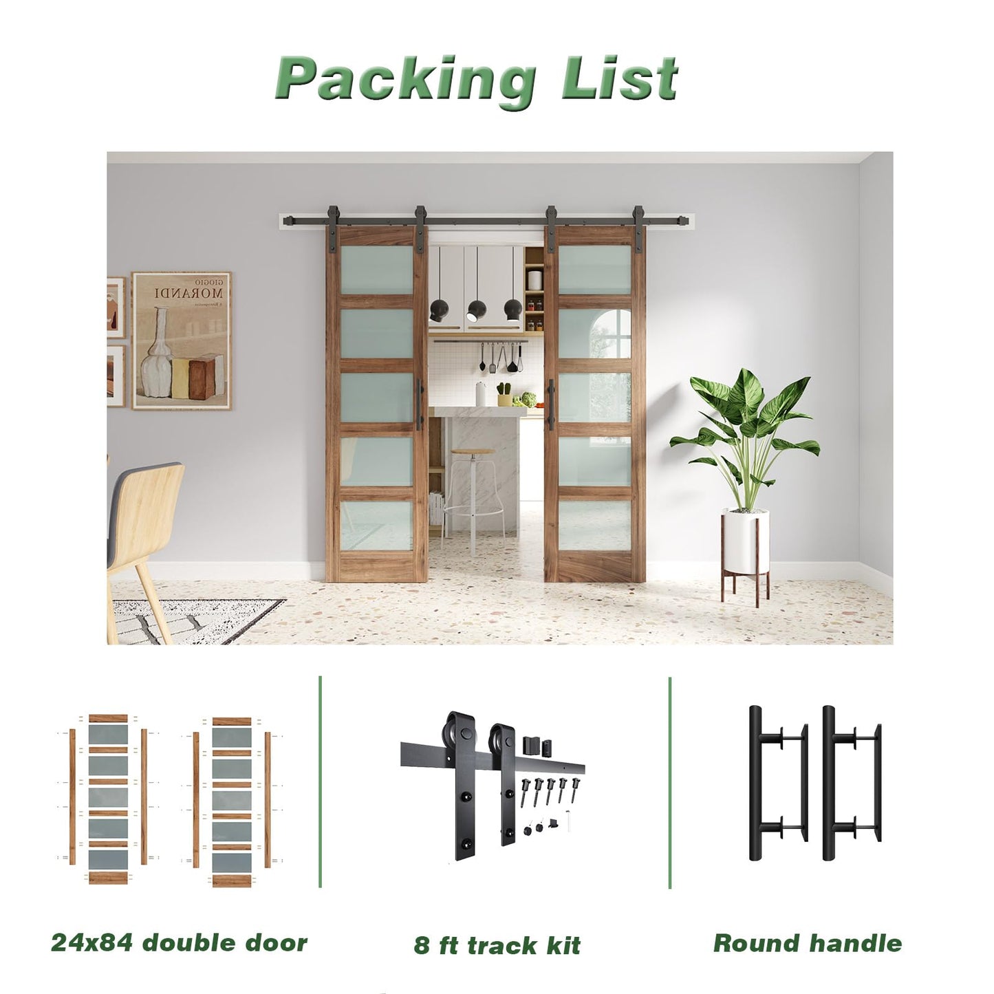 FREDBECK Double 24 x 84 inch Glass Barn Doors 48inch Barn Door with 8FT Hardware Kit & Handle Included,5-Panel Frosted Glass,LVL Wood Panel,Water-Proof PVC Surface,Pre-Drilled Holes,Need Assembly