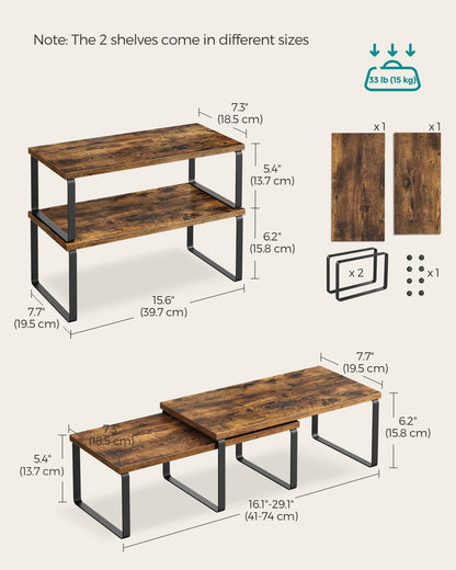 SONGMICS Cabinet Organizer Shelf, Set of 2 Kitchen Counter Shelves, Kitchen Storage, Spice Rack, Stackable, Expandable, Metal and Engineered Wood, Ink Black and Natural Beige UKCS02NB