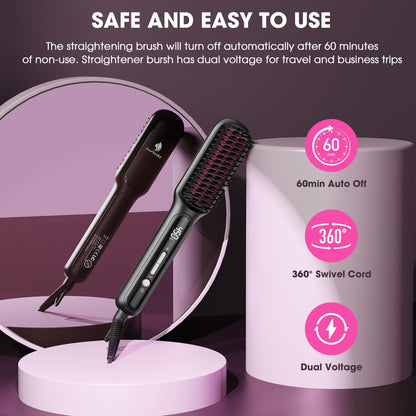 MiroPure Hair Straightener Brush with Plasma Technique, Ceramic Straightening Brush with 16 Temp Settings 30s Fast Heating, Hair Straightener Comb for Women with LED Display & Dual Voltage, Black