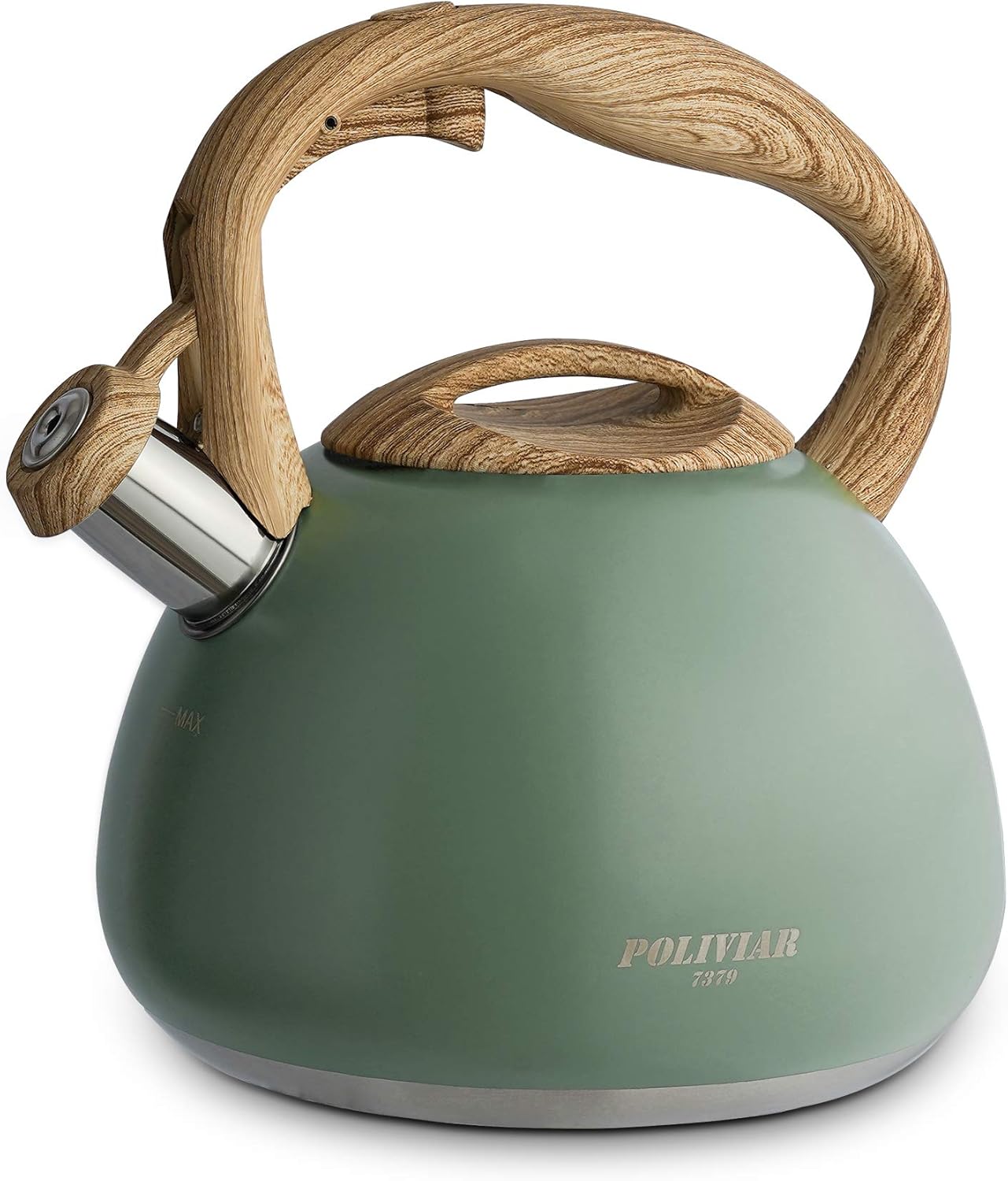 2.7 (JX2020-SB30) Poliviar Tea Kettle, Quart Seaweed Green Finish with Wood Pattern Handle Loud Whistle Food Grade