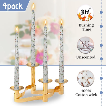 Floral Candle Sticks Set of 4 Handmade Taper Candle 10 Inch Long Candlesticks Hyacinth Printed Tapered Candles for Home Wedding Holiday Party Decor