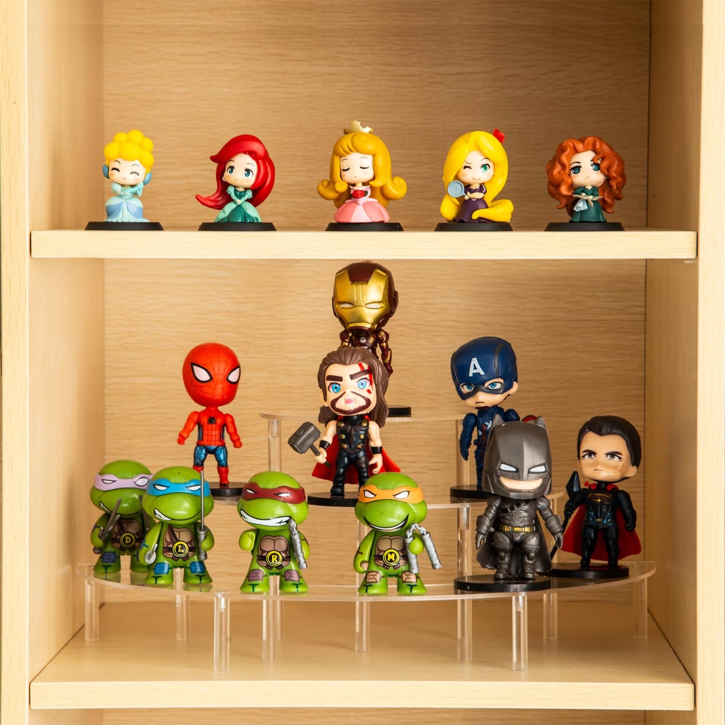 HENABLE Acrylic Display Risers, 3 Tier Clear Cupcake Perfume Stand Organizer, Half Moon Dessert Stand for Display, Food, Amiibo Funko POP Figure (2half