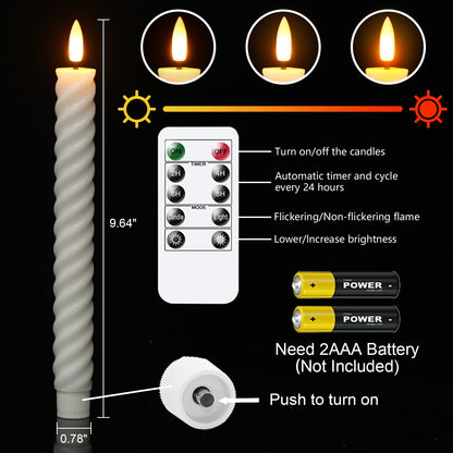 Wondise Flameless Taper Candles with Remote Timer, Real Waxy Battery Operated Flickering Spiral Candlesticks, 3D Wick LED Candles 9.6inch for Halloween Christmas Holiday Wedding Decoration (White