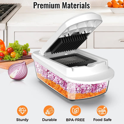Skiennix 8-Blade Vegetable Chopper - All-in-One Mandoline Slicer with Container for Effortless Salad Prep | White