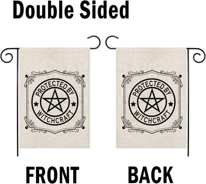 Witchy Pentagram Garden Flag, Protected By Witchcraft Spooky Vibes Wiccan Gift