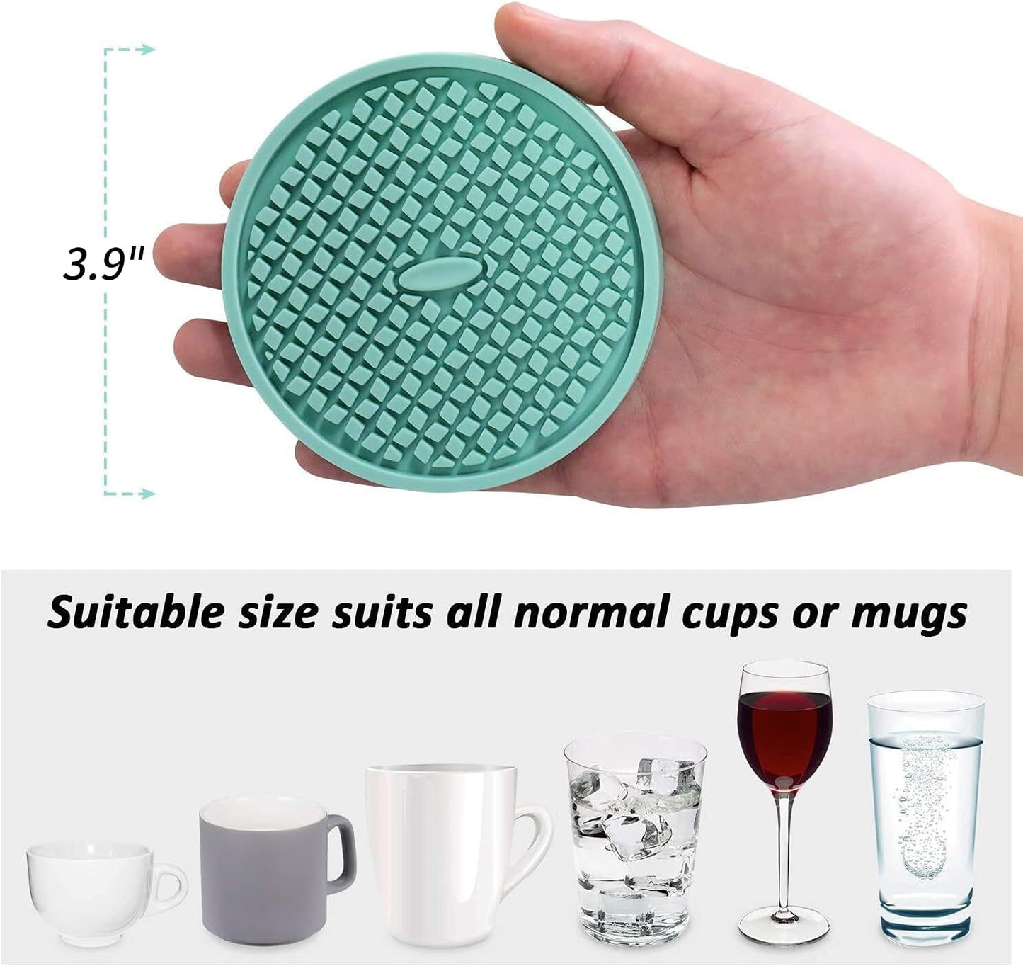 ME.FAN Thickened Silicone Coasters [6 Pack] with Holder - Non-Slip Cup Mat, Prevents Furniture Damage (Peppermint Green)