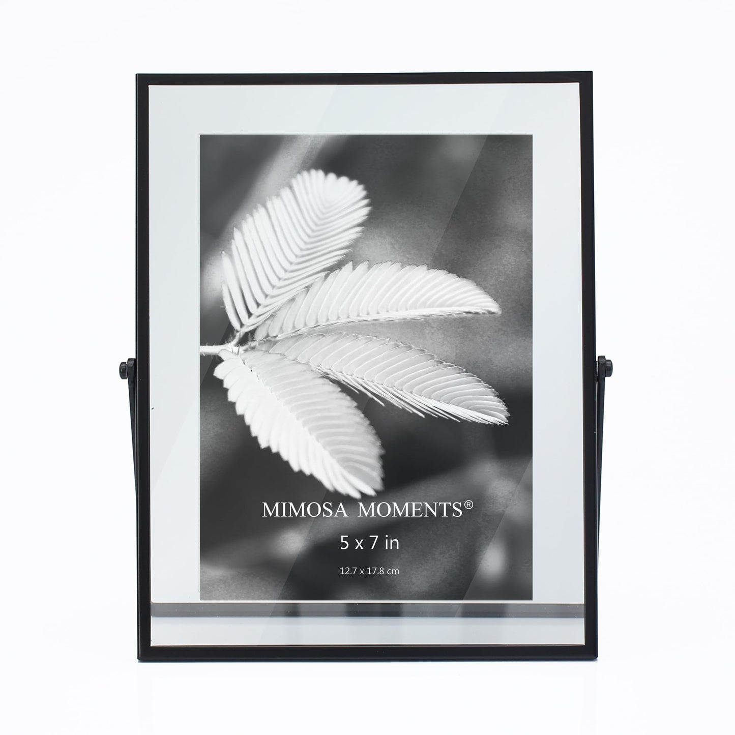 MIMOSA MOMENTS 5x7 Black Metal Floating Picture Frame, Double Glass Tabletop Display, Modern Minimalist Photo Frame for Home & Office Decor