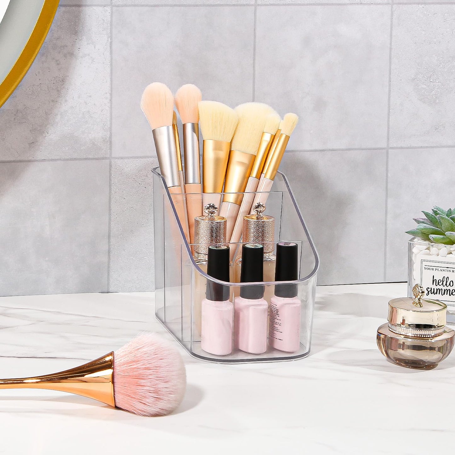 DASITON 3 Slots Makeup Brush Holder, Acrylic Make Up Brush Holder Organizer for Vanity, Bathroom Countertop, Small Makeup Organizer Brush Cup Cosmetic Brushes Storage, Pen Holder for Desk (Clear S)