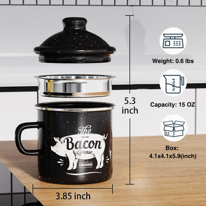 PGYARD Mini Bacon Grease Container With Strainer - 15OZ Enamel Grease Saver, Farmhouse Bacon Grease Keeper For Kitchen Fat Storage, Dishwasher Safe-Black