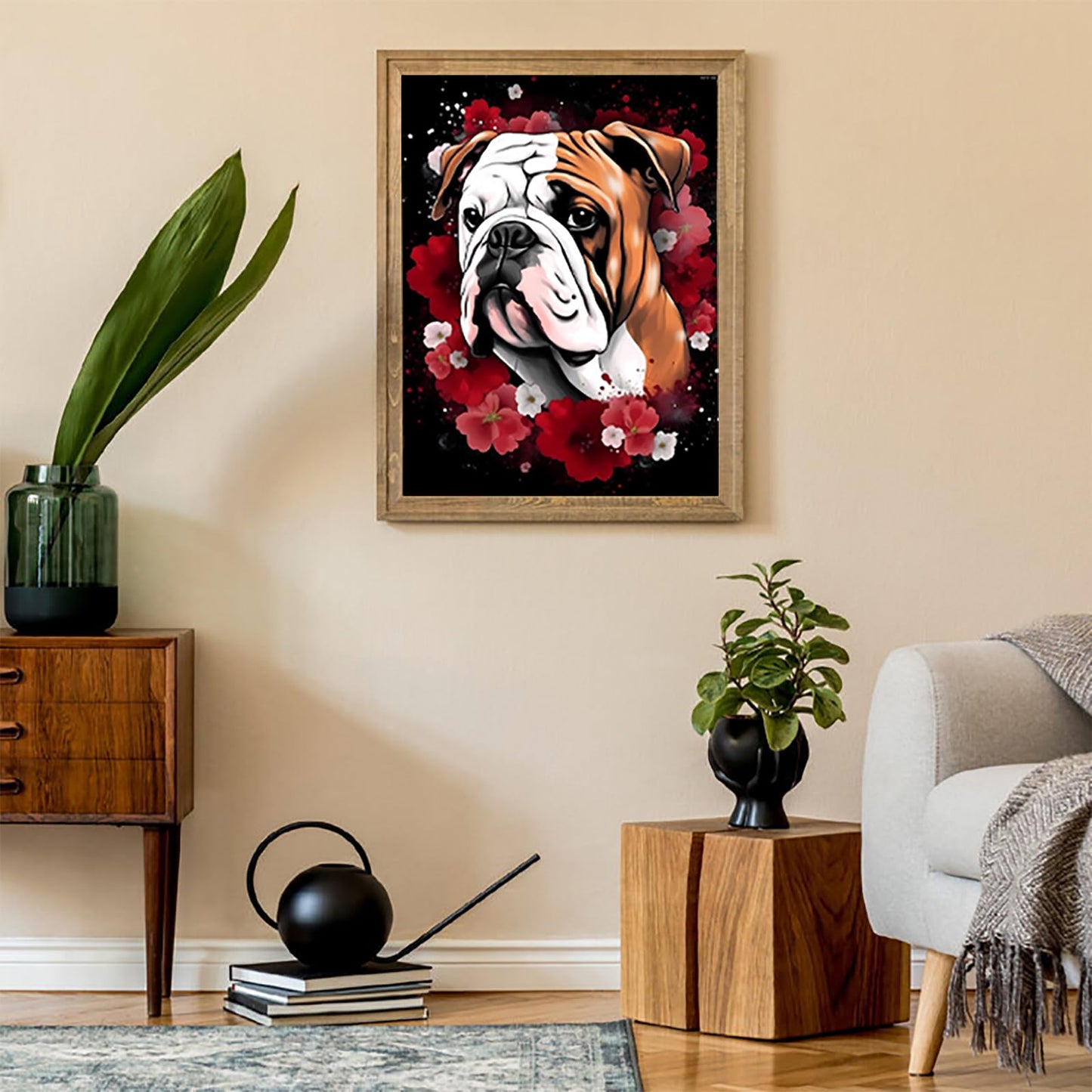KAYEIUU English Bulldog with Flowers Diamond Painting Kits for Adults Animal 5D Full Drill Round Diamond Art Kits Diamond Dots Paintings with Diamonds Gem Art Picture Crafts Home Decor 12x16 inch
