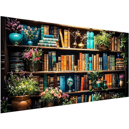 Ohhvvow 5D Bookshelf & Blooms Large Diamond Art Kit for Adults, 27.5x15.7 Inch Cozy Library Diamond Painting with Books & Flowers, DIY Full Drill Gem Craft Kits, Gift for Book Lovers & Beginners