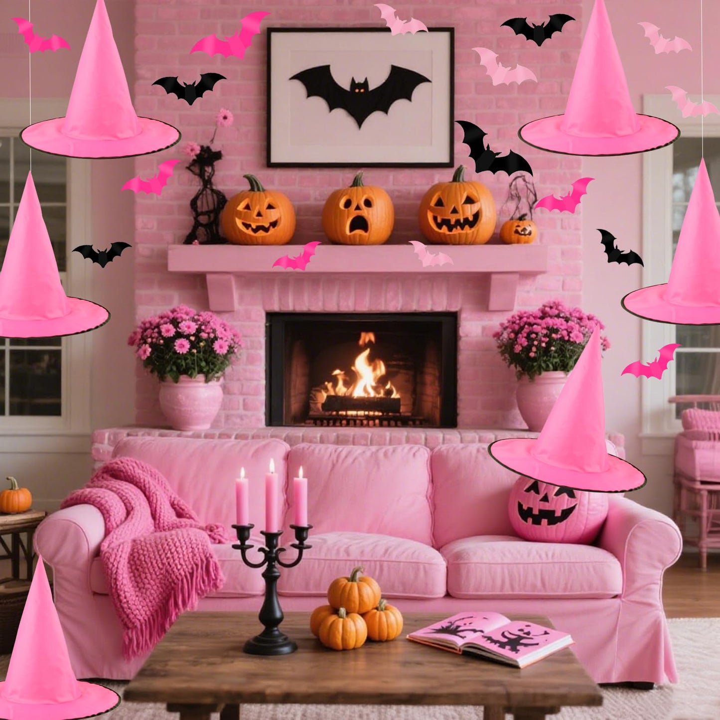 Cmaone 12 Pcs Pink Witch Hat with 109 Yards Hanging Rope 24 Pcs 3D Bat Stickers Black Pink Scary Halloween Hanging Decoration for Witch and Princess Theme Party