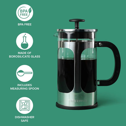 Farberware French Press Coffee Maker, 8 Cup Capacity, Stainless Steel Cold Brew Press, Borosilicate Glass
