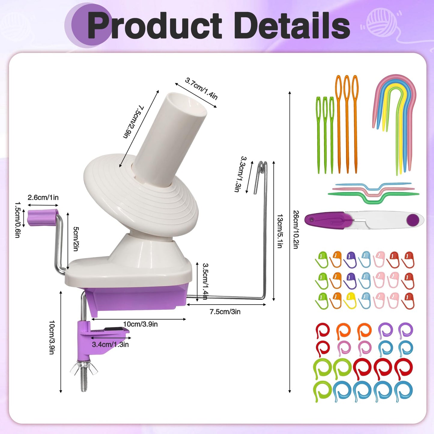 Essovee Yarn Ball Winder, Efficiently Yarn Cake Winder with Lower Noise for Crochet Knitting Combo Easy Installation 3.5 oz Portable Spinner for Crocheting Lavender Purple