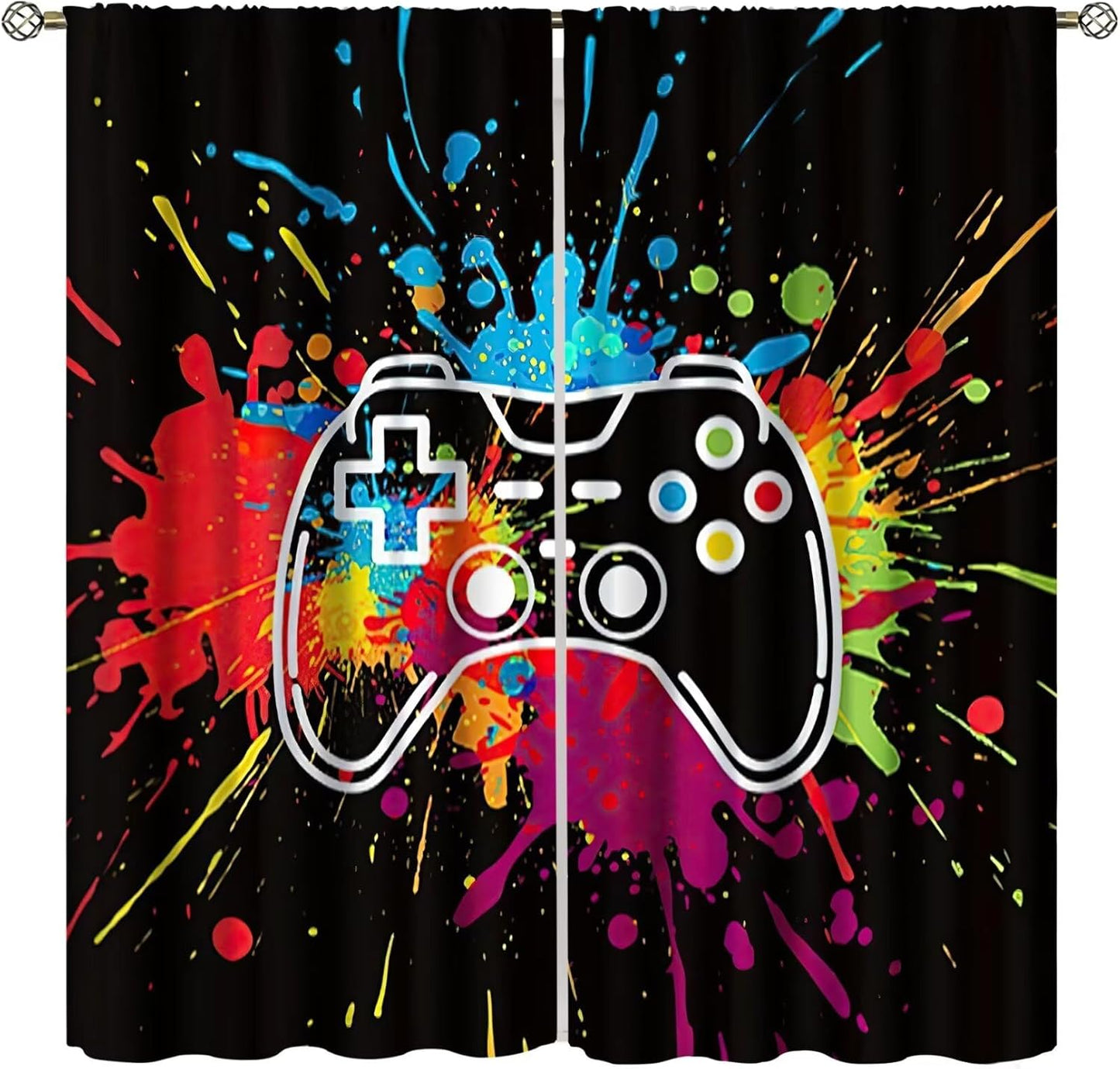 Gamer Curtains for Boys Kids Bedroom, Cool Gaming Decor, Neon Gamepad Teens Curtains for Bedroom Window Treatment Set
