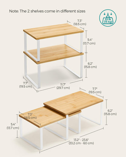 SONGMICS Cabinet Organizer Shelf, Set of 2 Kitchen Counter Shelves, Kitchen Storage, Spice Rack, Stackable, Expandable, Metal and Engineered Wood, Ink Black and Natural Beige UKCS02NB