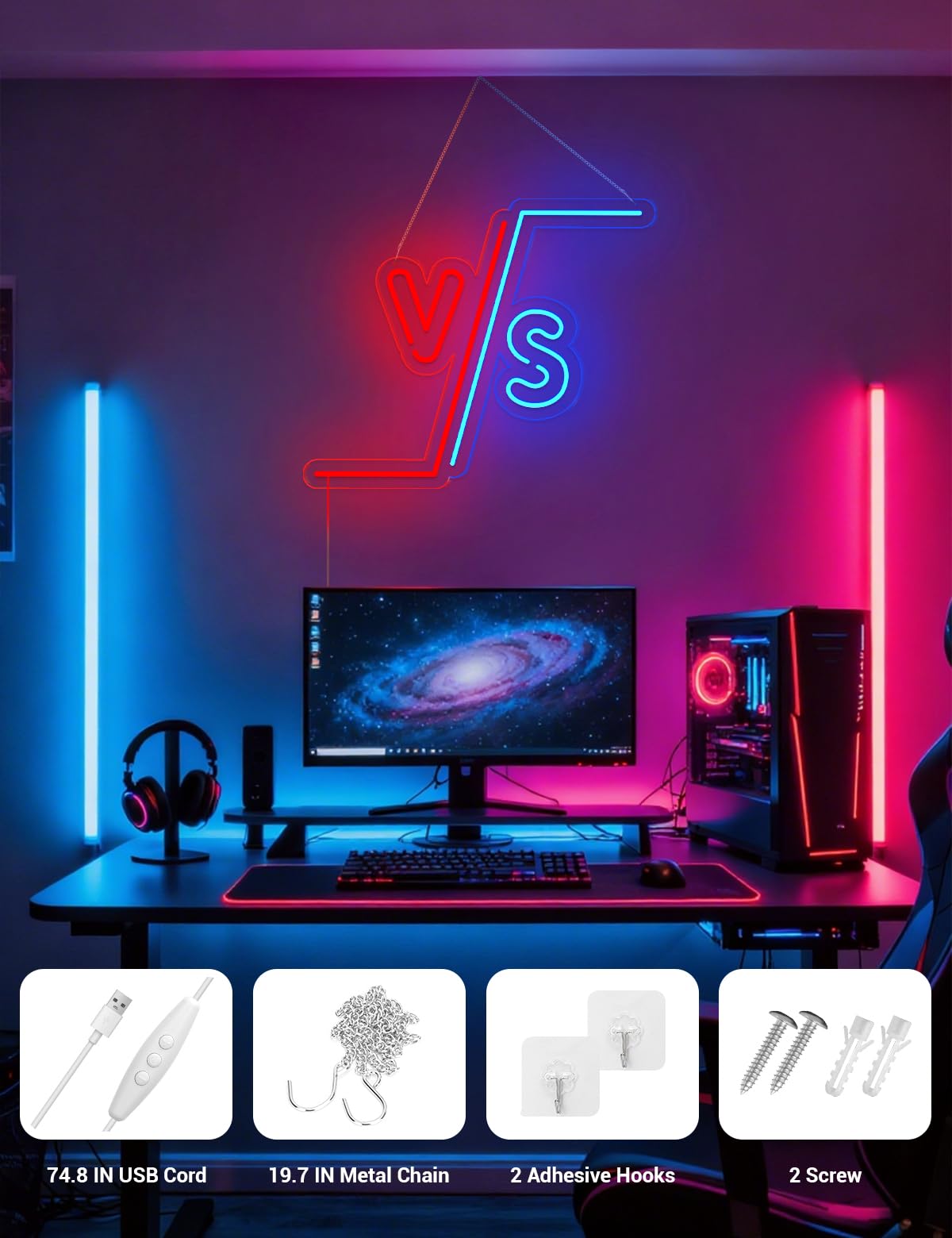 VS Game Neon Sign for Boys Room Decor, Gaming Room Decorations LED Neon Lights Sign for Wall Man Cave Decor, Gifts for Boys, Boyfriend, Gamer (VS)
