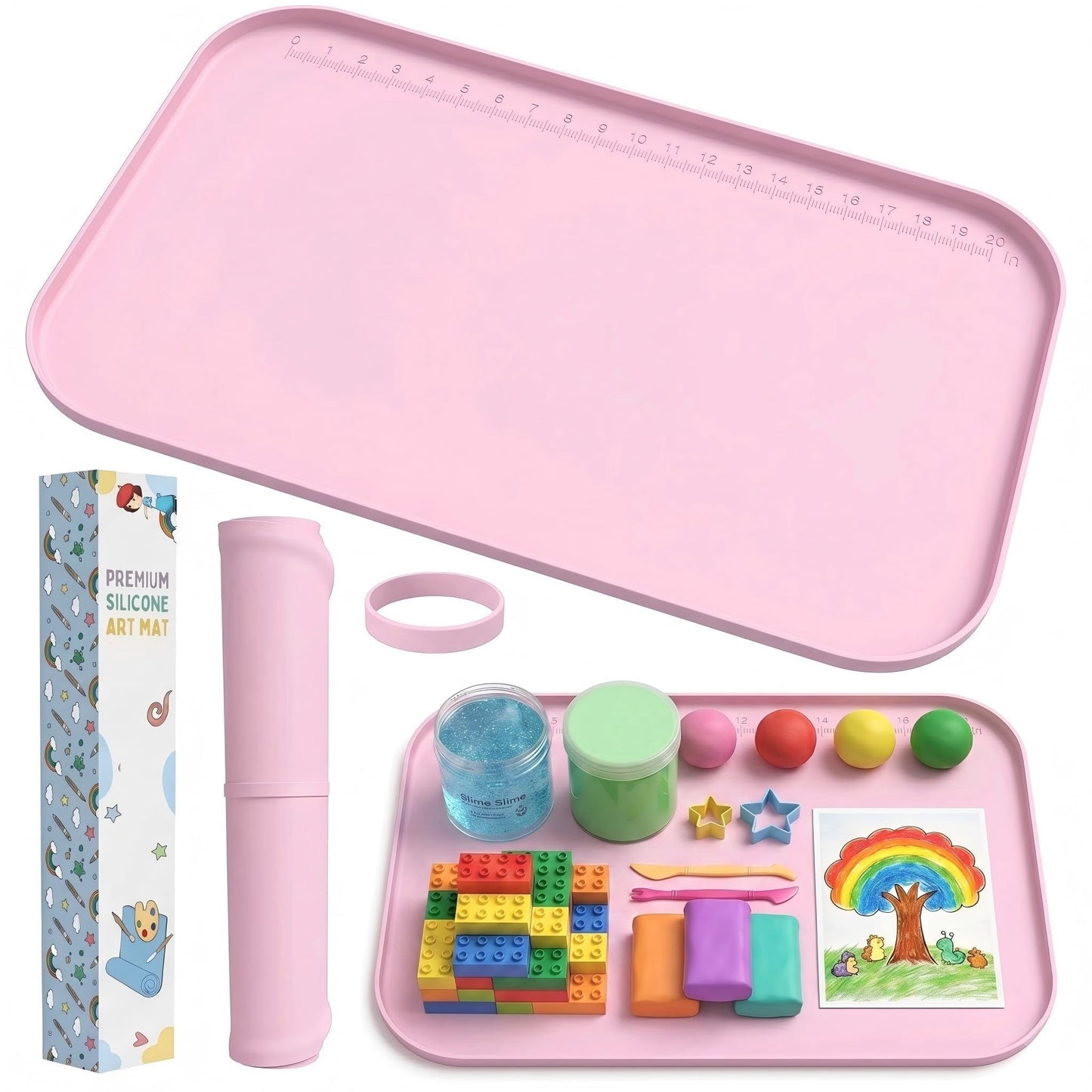 AWOKE 24"x16" Silicone Mats for Crafts with 0.7" High Edges, Large Leak-Proof Art Mat for Playdoh, Resin, Painting, Clay, Slime,Beads, Lego, Puzzle, Non-Stick & Non-Slip Table Protector for Kids, Pink
