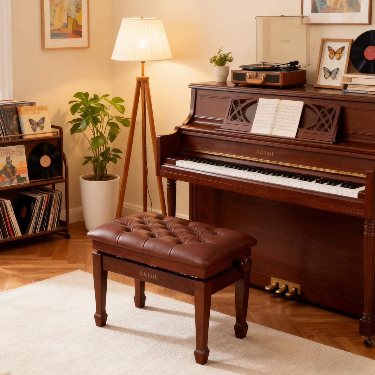 AKLOT Hydraulic Piano Bench, Keyboard Bench with Padded Cushion, Ajustbale Heavy Duty Piano Seat with High-Density Sponge, Piano Stool 23.22"X 15.75" Solid Wooden Piano Chair for Pianist（Walnut