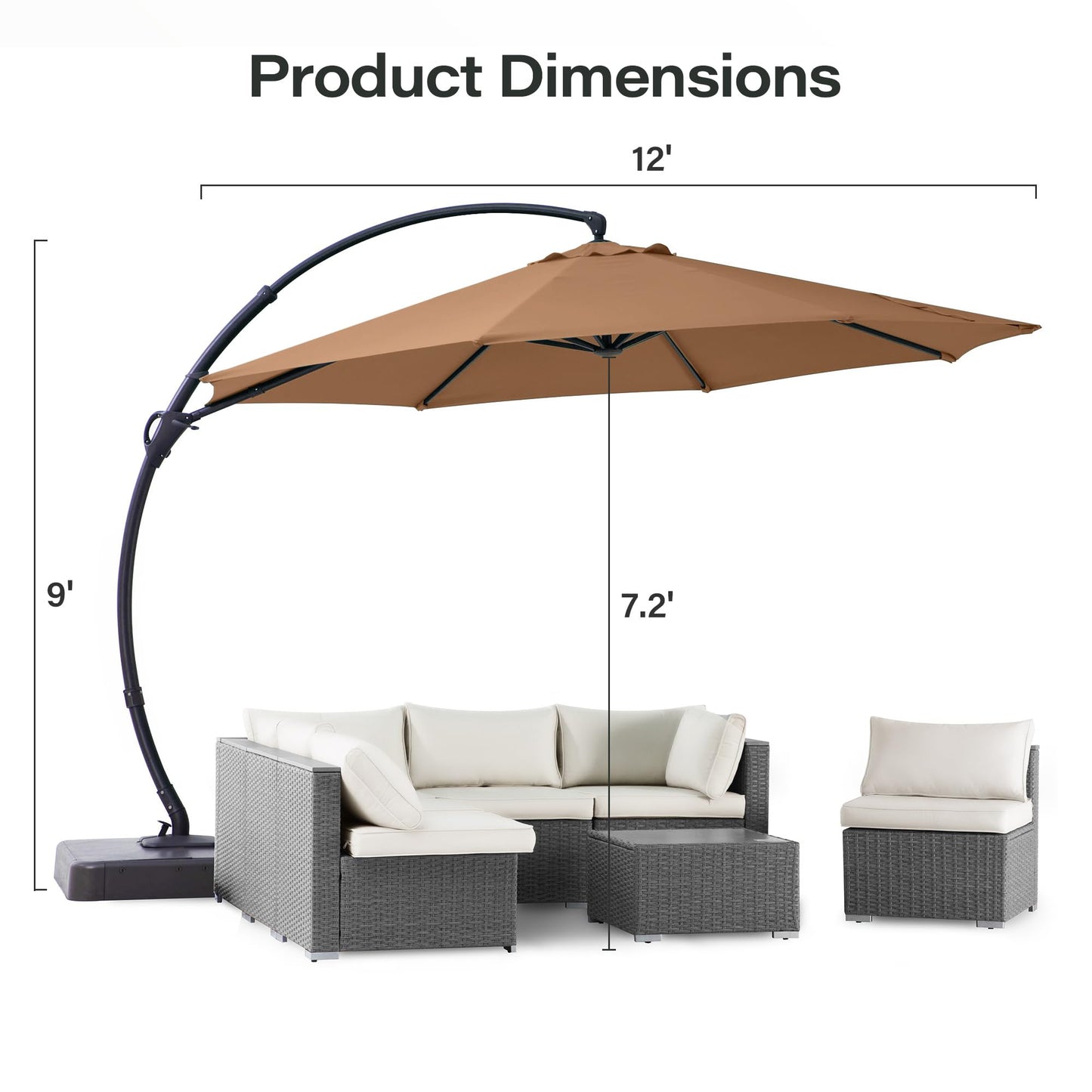 LAUSAINT HOME Outdoor Patio Umbrella with Base included, 12 FT Deluxe Curvy Cantilever Umbrella Offset Hanging umbrella with 360° Rotation for Market, Pool, Garden, Backyard, Deck (Tan, 12 FT)