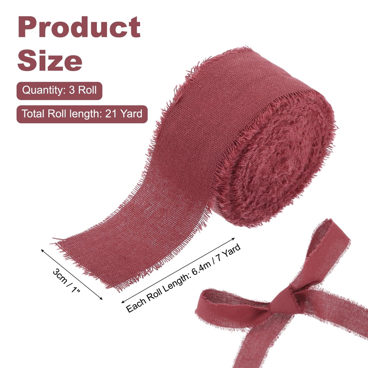 PATIKIL 1 Inch Cotton Ribbon, 3 Roll Total 21 Yard Cotton Frayed Fringe Ribbon for Gift Wrapping Flower Bouquet Wedding Invitations DIY Crafts Decor, Burgundy