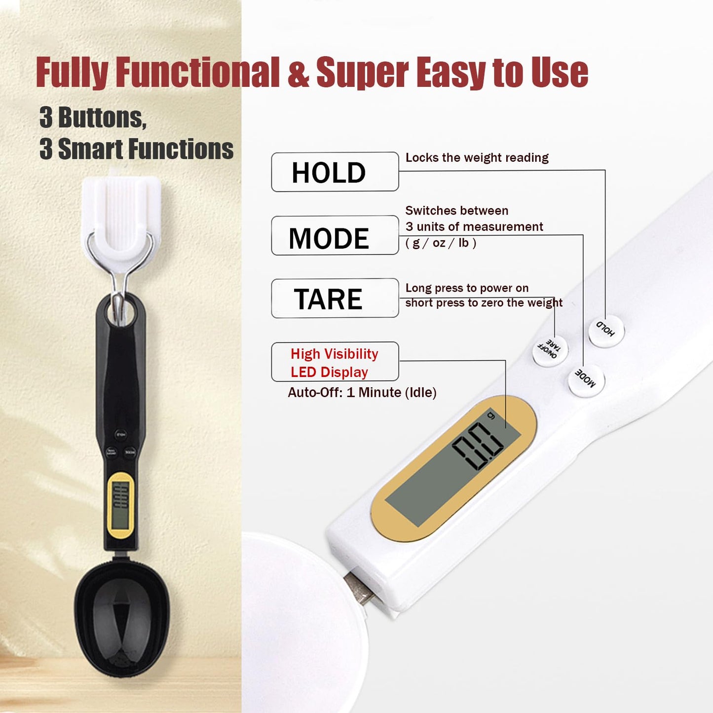 Food Measuring Spoon, Digital Kitchen Scale, high-Precision Small Scale, Handheld use, with Weight Removal Function (White)
