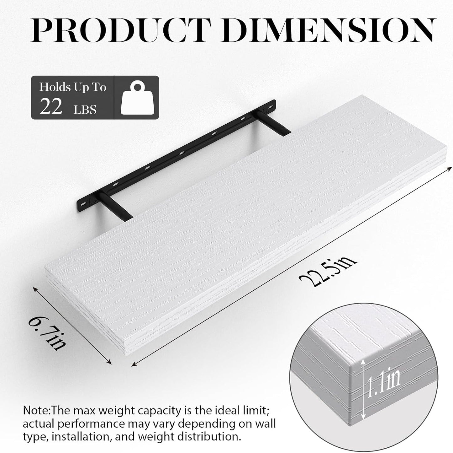 BAYKA Floating Shelves - Rustic White Wood Wall-Mounted Display Shelf | 22.5 Inches, 22 lbs Capacity