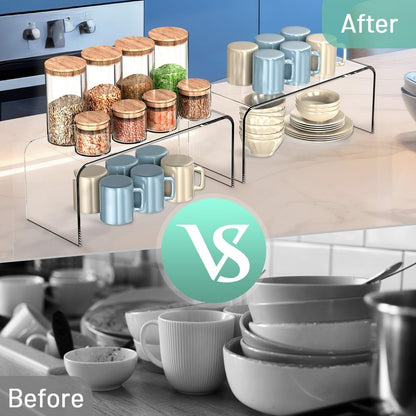 HTRYBNES 4 Packs Kitchen Cabinet Shelf Organizer, Acrylic Clear Shelf Riser, 5mm Thick Spice Rack for Dishes, Soda Cans and Cup（11.8 x 4.72 x 4.72 Inch）