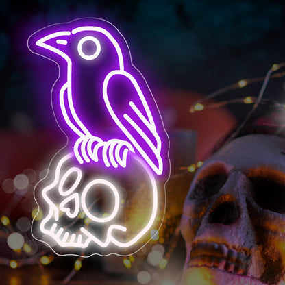 Raven on Skull Neon Sign, Purple Crow Cold White Skeleton LED Wall Light for Gothic Room, Halloween Decor, Man Cave, Dark Aesthetic Gift, Witchy Space 16.7" x 10.1"