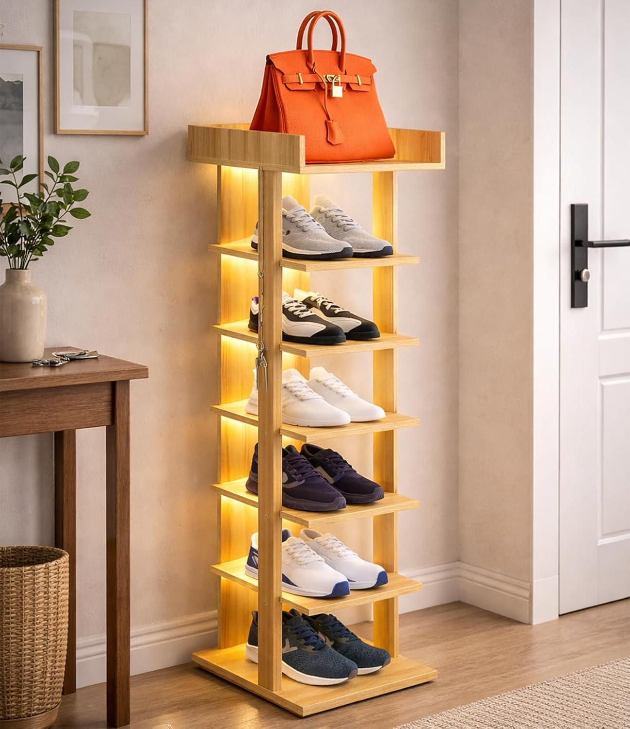 Generic 6 Closet, 7-12 Tier Wooden Freestanding Shoe Rack with LED Ambient Lighting, Slim Narrow Vertical Shoe