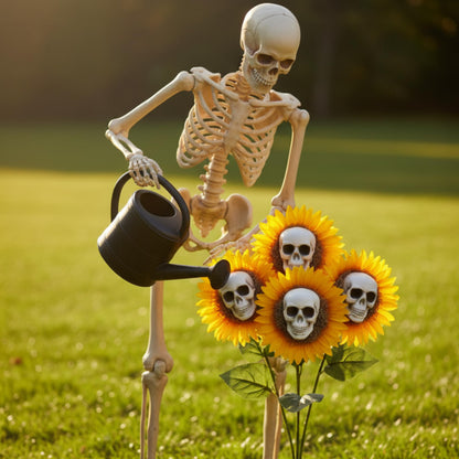 AceOrbit 6 Sets Halloween Skull Sunflower, Include 3" Skeleton Head Small Skulls 8.3" Artificial Sunflowers Natural Dried Moss for Halloween Party Decoration Props Spooky Yard Table Decor