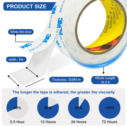 3M Double Sided Tape 1"×16.5ft No Residue,Picture Hanging Strips Heavy Duty Mounting Tape, Removable PE Foam Tape Waterproof for Poster Tape, Carpet Tape Rug Gripper,Art & Craft Tape