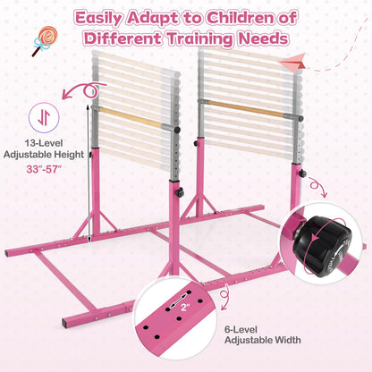 Goplus Double Horizontal Bars, Junior Gymnastic Parallel Bars with 13-Level 33"-57" Adjustable Heights & 6-Level Adjustable Width, 350 LBS Capacity for Indoor Outdoor Training (Pink)