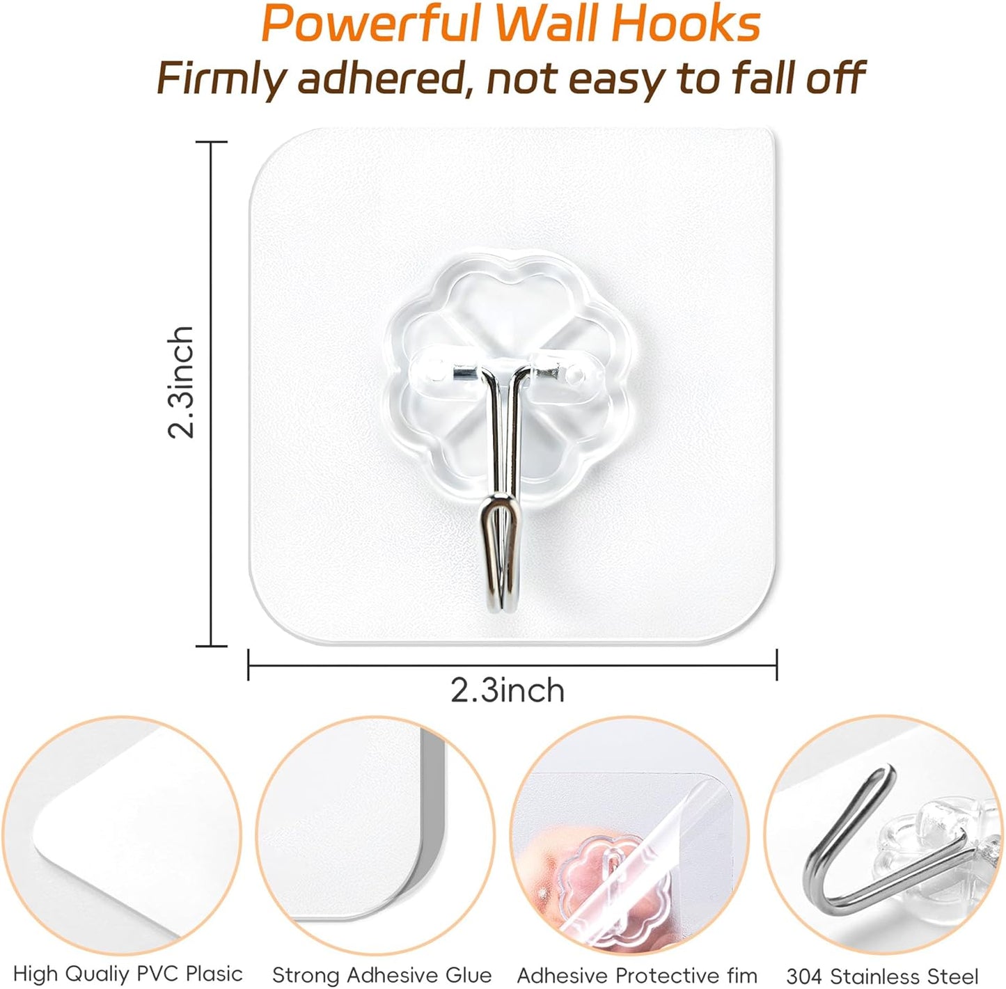 Mlici 24 Pack Clear Self-Adhesive Wall Hooks - 30lbs Heavy-Duty Sticky Hooks for Kitchen Bathroom