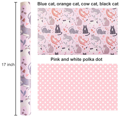 Burymento Reversible Cat Design Wrapping Paper Roll - Pink and white polka dot design on the other side, suitable for Valentine's Day, Birthday, Mother's Day, Wedding, Baby Shower